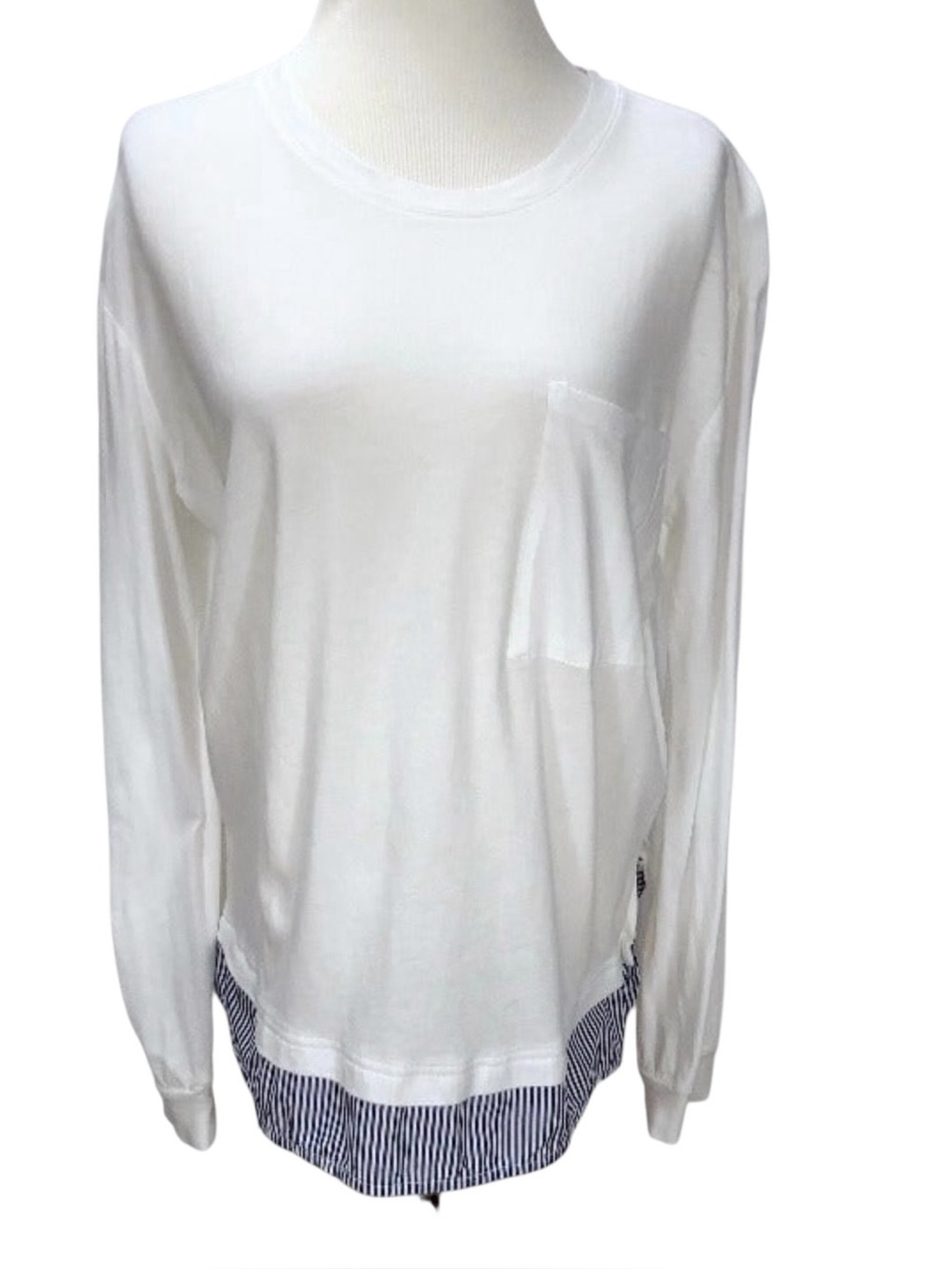 Avec Les Filles White Knit Top Long Sleeve Cotton Striped Blue Trim Long Tunic